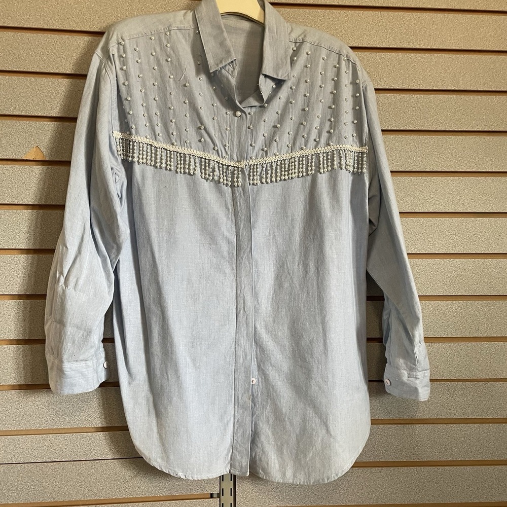 VTG Long Sleeve Button Down Shirt Blouse Ladies L Blue Pearls Fringe Shoulder